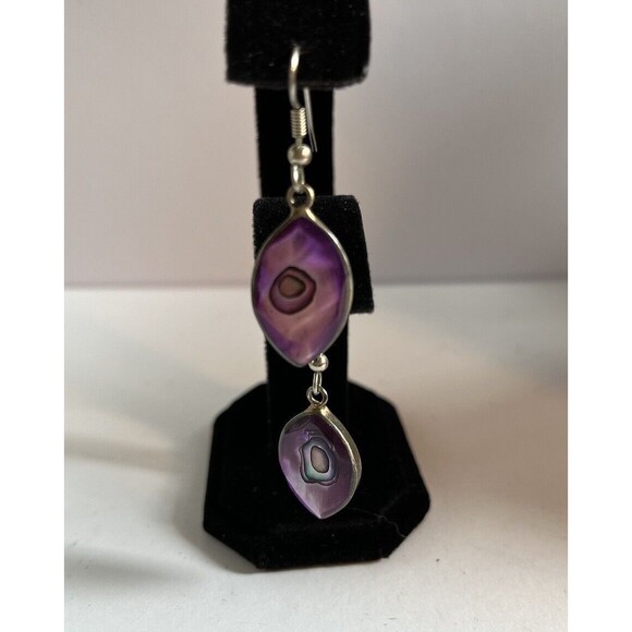 Vintage Purple Abalone Teardrop Dangle Pierced Earrings Silver Tone - Picture 2 of 4